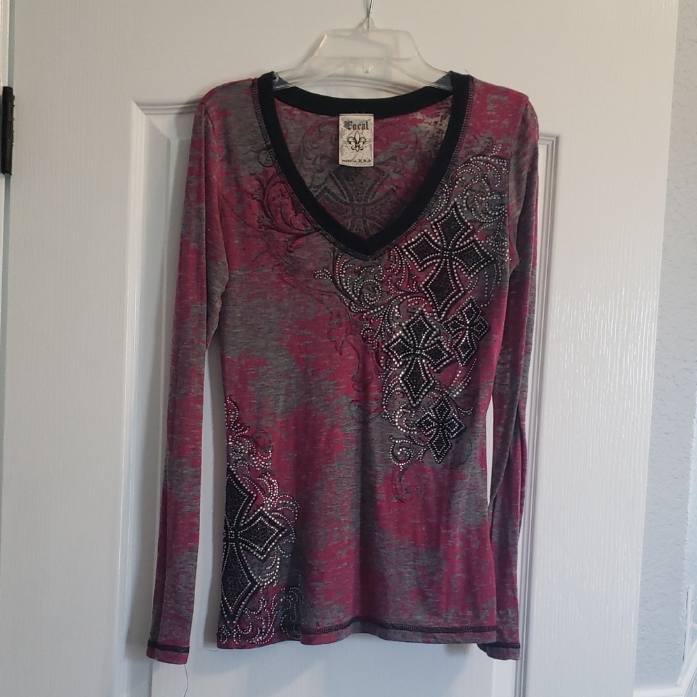 Women's Pink and Gray Rhinestone V-Neck Top
